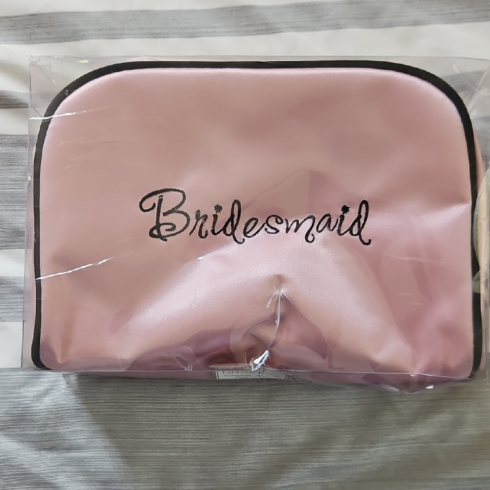 NWT!!! Satin Pink 'Bridesmaid' Cosmetic Bag with Black Trim